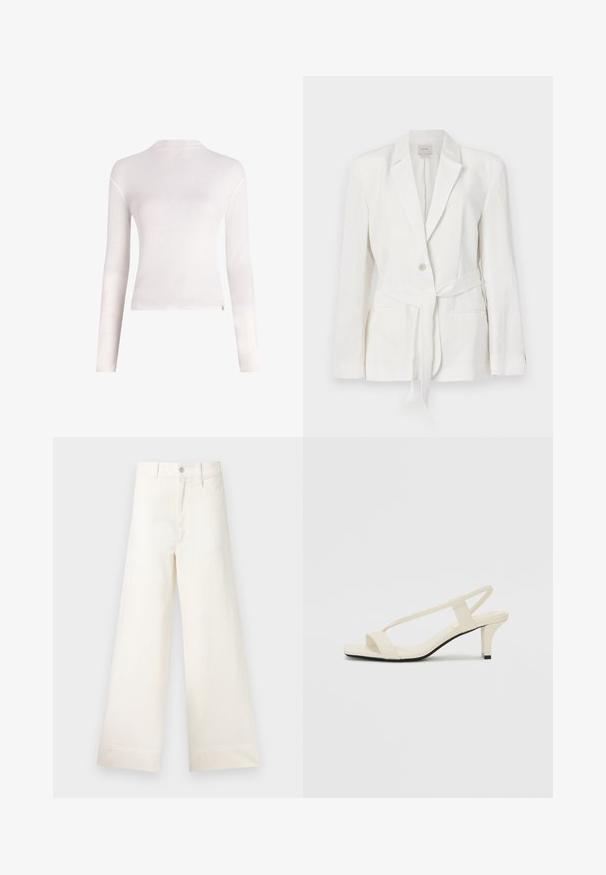 Witte linnen blazer met een enkele knoopsluiting, ingezette revers en een stoffen riem. Bevat twee voorzakken en heeft een gestructureerde afwerking.; Witte lange mouwen top van zacht materiaal, met een ronde hals, aansluitende vorm en minimalistisch ontwerp zonder patronen of versieringen.; Bredere broek van lichtbeige katoen. Heeft een hoge taille, voorzakken en een rechte snit. Schoon afgewerkte zoom zonder patronen.; Beige blockhak sandalen met dunne bandjes en een vierkante neus. Glad materiaal met minimale details, ontworpen voor eenvoudig dragen.