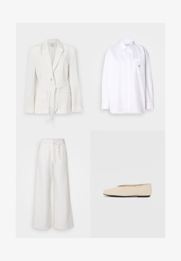 Sacou alb din in cu un sistem de închidere cu un singur buton, rever decupat și o curea din același material. Prezintă două buzunare frontale și o textură rafinată.; Cămașă albă din bumbac, cu nasturi, cu mâneci lungi, un buzunar pe piept și un mic patch cu sigla CK pe buzunar. Textură netedă și croială ajustată.; DAY Birger et Mikkelsen TERRI SOLID - Pantaloni - cloud cream; Balerini bej din suede, cu vârful rotund, talpă plată și un design minimalist. Textură netedă, fără elemente metalice sau decorațiuni vizibile.