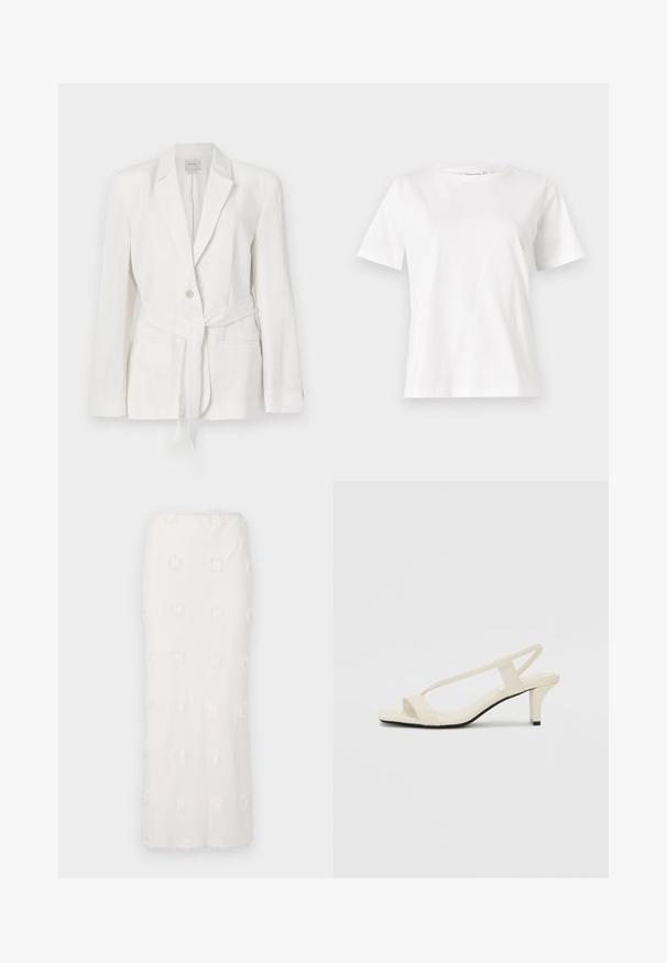 Valge linane bleiser, millel on ühe nupu sulgemine, sälguga kraed ja kangast vöö. Sisaldab kahte eesmist taskut ja tekstureeritud viimistlust.; Valge puuvillane T-särk lühikeste varrukatega, ümmarguse kaelusega ja vabalt istuv. Sile tekstuur, ilma mustrite ja aktsentideta, minimalistik disain.; Valge põlvepikkune seelik tekstuuriga kangast, millel on tikitud muster ja peened ääristused. Sirge lõige ja katkematu vöökoht.; Beez blok-kandadesed õhukeste rihmadega ja ruudukujulise varbaga. Sile materjal minimaalsete detailidega, kujundatud mugavaks kandmiseks.