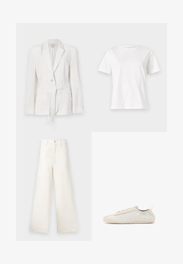 Valkoinen pellavablazeri, jossa on yksittäinen nappikiinnitys, viistot läpät ja kangashihna. Siinä on kaksi etutaskua ja teksturoitu pinta.; Valkoinen puuvillapaita lyhyillä hihoilla, pyöreällä kaula-aukolla ja rentolla istuvuudella. Sujuva rakenne, ei kuvioita tai yksityiskohtia, minimalistinen muotoilu.; Suorat lahkeet vaaleasta beige puuvillasta. Korkea vyötärö, etutaskut ja suora leikkaus. Siisti helman viimeistely ilman kuvioita.; Kreemi nahkavennad ümmarguse varbaga, nööpide ja tekstureeritud aktsentidega, tekstureeritud kummist tallaga, millel on zigzag-pressimine.