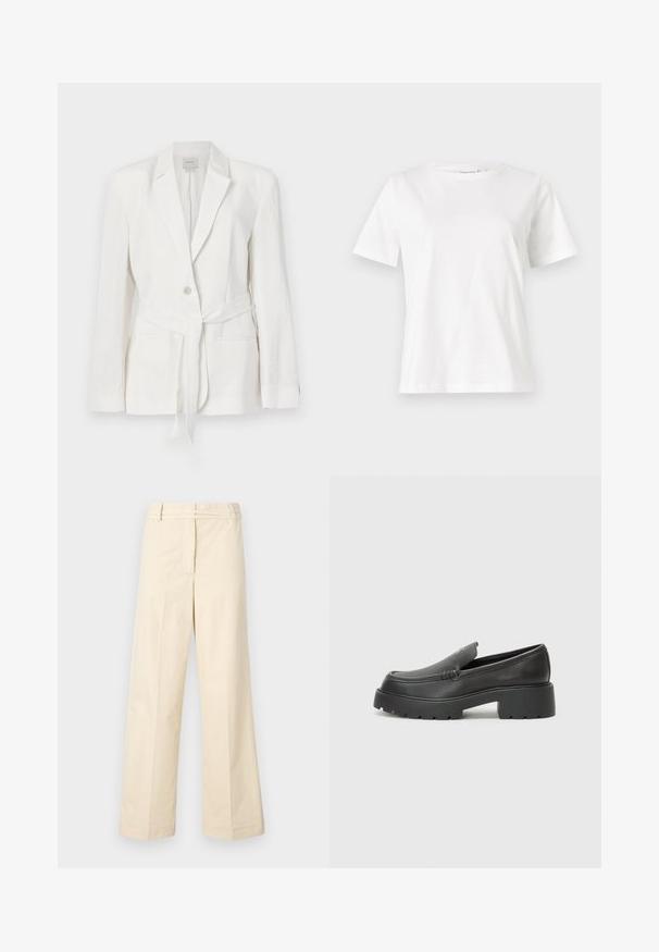 Weißes Leinenblazer mit einem einzelnen Knopfverschluss, Reverskragen und einem Stoffgürtel. Verfügt über zwei Fronttaschen und eine strukturierte Optik.; Weißes Baumwoll-T-Shirt mit kurzen Ärmeln, Rundhalsausschnitt und lockerer Passform. Glatte Textur, keine Muster oder Akzente, minimalistisches Design.; Beige weit geschnittene Hosen mit flacher Vorderseite, Gürtelschlaufen und Reißverschluss. Hergestellt aus leichtem Baumwollmaterial mit glatter Oberfläche.; Schwarze Lederloafer mit einer abgerundeten Spitze, dicker strukturierten Laufsohle und minimalen Nähten. Schlankes Design ohne sichtbare Schnürsenkel oder Beschläge.