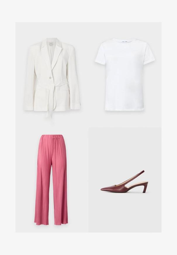 Valge linane bleiser, millel on ühe nupu sulgemine, sälguga kraed ja kangast vöö. Sisaldab kahte eesmist taskut ja tekstureeritud viimistlust.; Valge lühikeste varrukatega T-särk, valmistatud puuvillast, ümmarguse kaelusega. Sile tekstuur ja sirge lõige, ilma mustrite või aktsentideta.; Samsøe Samsøe UMA - Püksid - rose wine; Burgundy slingback kontsad, millepunktse varbaga, külgedel lõike üksikasjadega ja kesk kõrgusega plokknina. Sile nahkviimistlus.