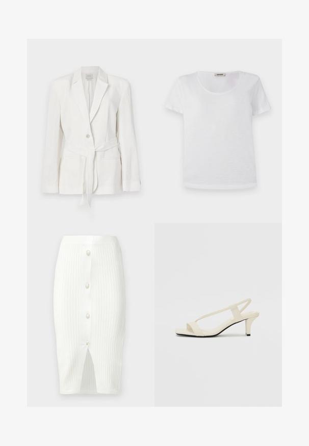Blazer en lin blanc avec une fermeture à un bouton, revers crantés et une ceinture en tissu. Comprend deux poches avant et une finition texturée.; T-shirt blanc à manches courtes en tissu doux, avec un col rond et un ourlet droit sans motifs ni accents visibles.; Jupe midi en maille côtelée blanche avec taille haute, fermeture à boutons sur le devant et petite fente avant à l'ourlet.; Sandales beiges à talons carrés avec des fines brides et un bout carré. Matière lisse avec des détails minimaux, conçues pour un port facile.