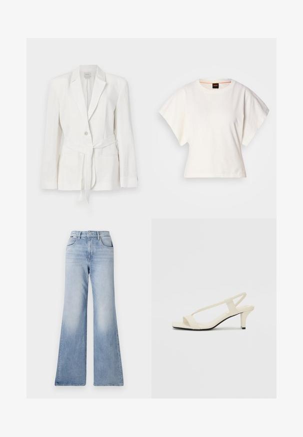 Λευκό σακάκι από λινό με κλείσιμο με μία κουμπί, γιακά με αυλάκι και ζώνη από το ίδιο ύφασμα. Διαθέτει δύο μπροστινές τσέπες και υφή.; Λευκό κοντομάνικο μπλουζάκι, φαρδιές κοντές μανίκες, μαλακό βαμβακερό υλικό, στρογγυλή λαιμόκοψη με διακριτική πορτοκαλί λεπτομέρεια, μινιμαλιστικός σχεδιασμός, χωρίς σχέδια ή γραφικά.; Απαλά μπλε τζιν με φαρδύ τελείωμα και ψηλή μέση, διαθέτοντας δύο μπροστινές τσέπες και μια διακριτική φθορά κατά μήκος των μηρών και των ποδιών.; Μπέζ σανδάλια με τετράγωνη μύτη και λεπτές λουρίδες. Ομαλή ύφανση με ελάχιστες λεπτομέρειες, σχεδιασμένα για εύκολη χρήση.