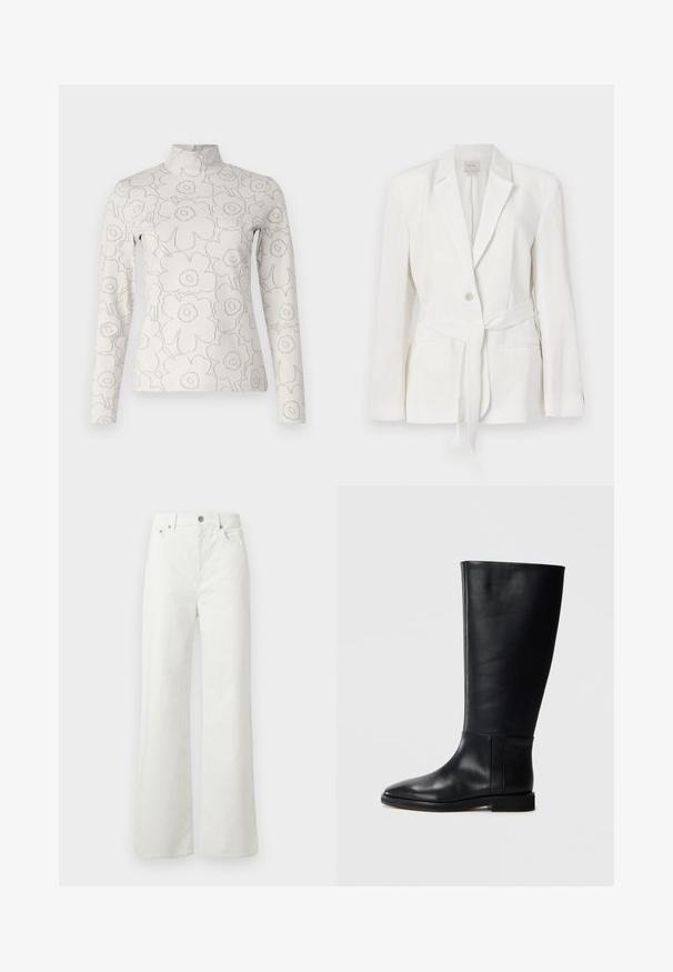 Weißes Leinenblazer mit einem einzelnen Knopfverschluss, Reverskragen und einem Stoffgürtel. Verfügt über zwei Fronttaschen und eine strukturierte Optik.; Langarm-Turtleneck aus leichtem Creme-Stoff mit einem erhabenen Blumenmuster in Grau. Der Schnitt ist tailliert und hat keine Verschlüsse.; Samsøe Samsøe SHELLY - Jeans Relaxed Fit - clear cream; Schwarze Lederstiefel bis zum Knie mit runder Zehenform, glatter Textur, minimalistischem Design und flacher Sohle. Einfache Nahtdetails am Schaft.