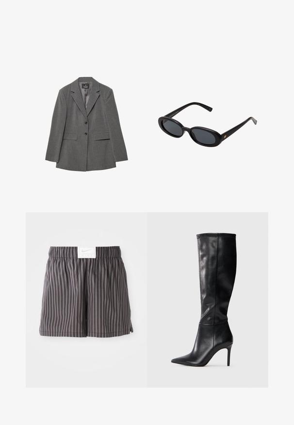 Blazer grigio a righe con vestibilità su misura, rever a punta, due bottoni e due tasche frontali. Realizzato in un tessuto testurizzato con fodera liscia.; Body nero con maniche lunghe trasparenti, tessuto drappeggiato davanti e parte inferiore aderente. Texture liscia con una silhoutte aderente.; Pantaloni corti grigio a righe realizzati in tessuto leggero, con un elastico in vita e un'etichetta bianca con il logo Nike nella parte anteriore.; Stivali neri in pelle al ginocchio con punta affusolata e tacco a stiletto, caratterizzati da una texture liscia e un design minimale senza decorazioni visibili.; Occhiali da sole neri oversize con lenti ovali, montatura in plastica liscia e accenti dorati sulle tempie. Le lenti scure offrono protezione dal sole.; Borsa a tracolla in pelle nera con silhouette curva, dotata di una tracolla in catena dorata e una finitura liscia e lucida.