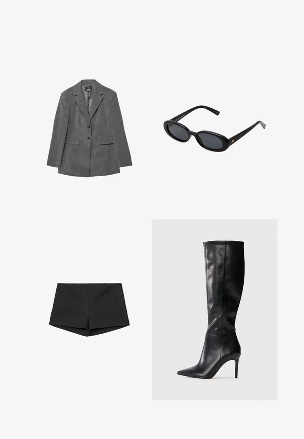 Blazer grigio a righe con vestibilità su misura, rever a punta, due bottoni e due tasche frontali. Realizzato in un tessuto testurizzato con fodera liscia.; Body nero con maniche lunghe trasparenti, tessuto drappeggiato davanti e parte inferiore aderente. Texture liscia con una silhoutte aderente.; Pantaloni neri realizzati in tessuto texturizzato, con un alto punto vita e un design aderente con cuciture frontali. Senza tasche o chiusure visibili.; Stivali neri in pelle al ginocchio con punta affusolata e tacco a stiletto, caratterizzati da una texture liscia e un design minimale senza decorazioni visibili.; Occhiali da sole neri oversize con lenti ovali, montatura in plastica liscia e accenti dorati sulle tempie. Le lenti scure offrono protezione dal sole.; Borsa a tracolla in pelle nera con silhouette curva, dotata di una tracolla in catena dorata e una finitura liscia e lucida.