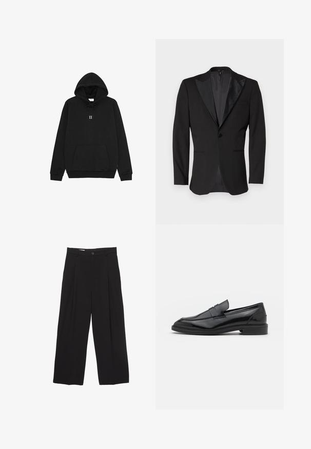Črni frak jakna z satenskimi vrhunskimi klapami, enojnim gumbom na zapiranju, dvema sprednjima žepoma in razporkom na hrbtu. Gladka tekstura.; Črna kapuca iz mehkega blaga, ki ima vrvico za prilagajanje, sprednjo kenguru žep in majhno grafiko "II" na prsih.; Črne široke hlače iz gladkega blaga, z ravnim pasom, sprednjimi povešalnimi pregibi in enim gumbom za zapiranje.; Črne usnjene loafersice z gladko površino, s zaobljenim prstom in ozkim pasom čez zgornji del. Nizek zložen petek.