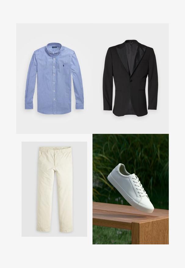 Černá smokingová sako s saténovými špičatými klopami, s jedním knoflíkem, dvěma předními kapsami a rozparkem na zadní straně. Hladká textura.; Pruhovaná modro-bílá košile s dlouhým rukávem a rovnými límečky, s malým logem a zapínáním na knoflíky. Bavlněná tkanina, hladká textura.; Svetlé béžové volné kalhoty s třemi kapsami, poutky na opasek a rovnými nohavicemi. Vyrobeno z měkké směsi bavlny.; Bílé šněrovací tenisky, které se vznášejí nad dřevěnou lavicí, s zeleným listím v pozadí, předvádějící design a strukturu boty.