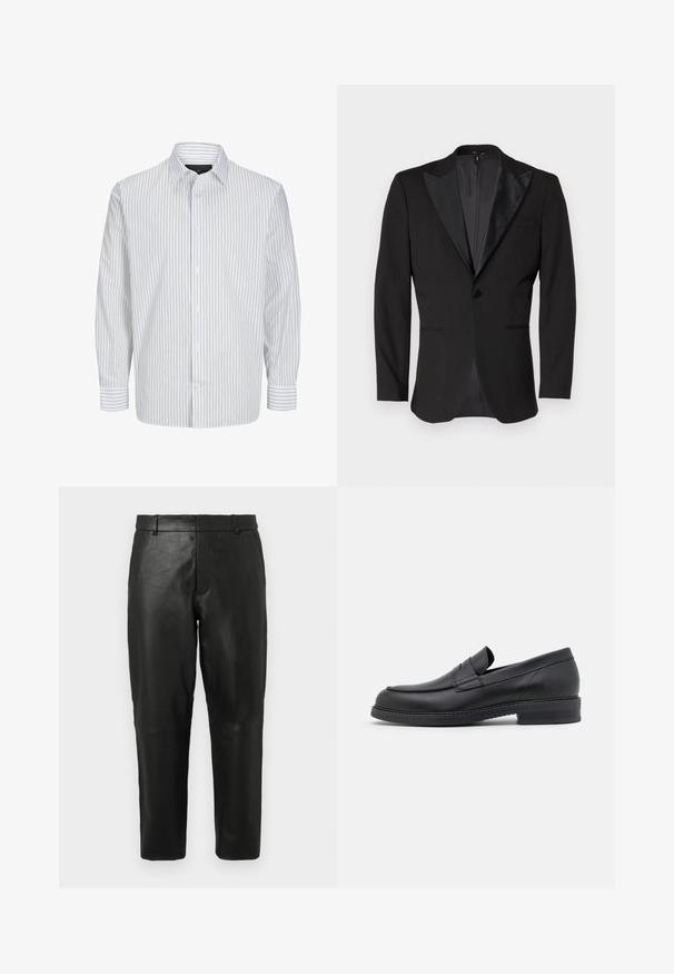 Mustvalge ülikonnajakk satiinist terava kraega, ühe nupuga kinnitamine, kaks esi-taskut ja vent taga. Sile tekstuur.; Valge pikkade varrukatega särgikja, millel on kitsad vertikaalsed tumesinised triibud. Omab klassikalist krae ja nööpidega esiosa. Valmistatud kergest kangast.; Mustad nahast sirged püksid, millel on vööaasad ja küljetaskud, esitatuna heleda ühtlase tausta ees.; Mustad nahast madalad kingad ümmarguse varbaga, õmblustega detailid ja madal, paks konts. Omab sileda tekstuuri ja minimaalset disaini.