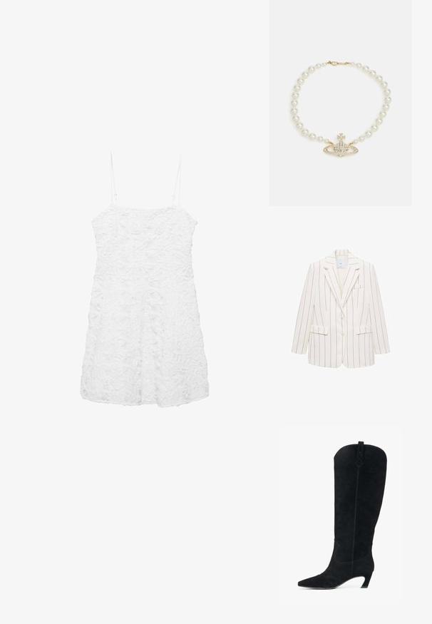 Witte blazer met pinstripe, gepast ontwerp, sluiting met één knoop, met schouderklappen, twee voorzakken en een borstzak.; Witte mouwloze jurk met een gestructureerd bloemmotief, voorzien van dunne bandjes en een relaxte pasvorm, ontworpen voor een lichte en luchtige uitstraling.; Zwarte suède kniehoge laars met een spitse neus en een gebogen hak. Kenmerkt zich door verticale stiksels en een decoratieve accent bovenaan.; Zwarte handtas met een gladde textuur, voorzien van een gouden schouderband, ritssluiting en een decoratief gouden embleem aan de voorkant.; Vivienne Westwood ONE ROW BAS RELIEF CHOKER - Ketting - gold-coloured/cream