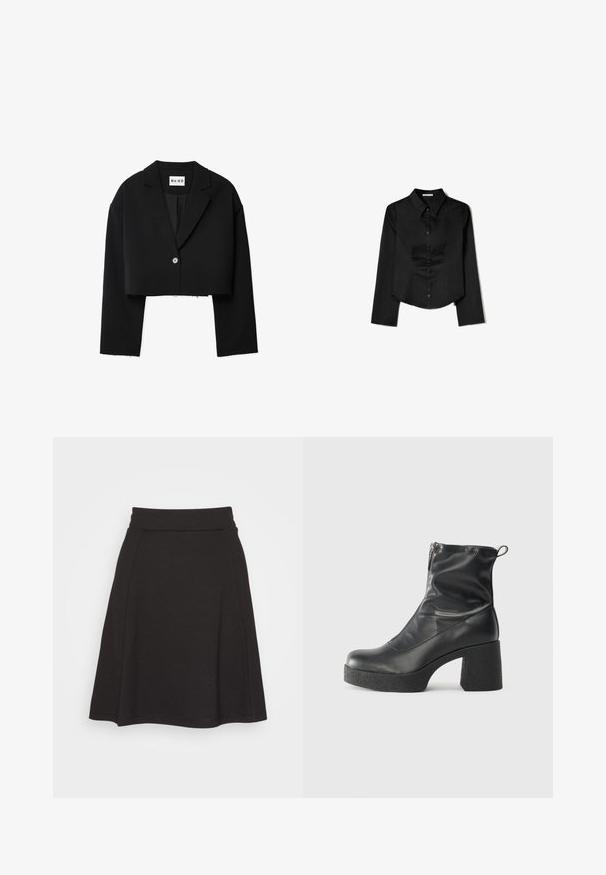 Kratka črna blazer jakna z izrezanim ovratnikom, zapiranjem na en gumb in širokimi rokavi. Narejena iz gladkega materiala z obrobami na robovih.; Črna srajca dolgimi rokavi, izdelana iz gladkega materiala, z ostrim ovratnikom, sprednjim gumbom in krajšo obrobo z stranskimi razpoki.; Črna krila s širokim krojem, izdelana iz mehkega materiala z gladko teksturo. Ima širok pas in sega do dolžine sredine stegna.; Črne gležnjarje iz gladke kože z božnim zadrgo, masivnim teksturiranim peto in zaobljeno obliko prstov.