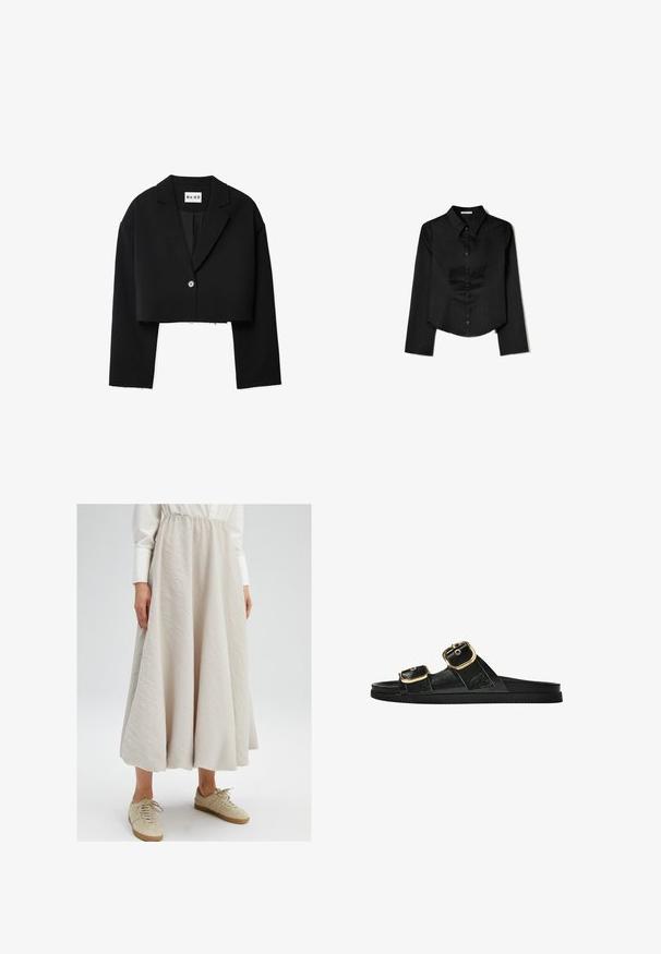 Blazer noir raccourci avec un col à revers, fermeture à un bouton et manches larges. Fabriqué en tissu lisse avec des détails de bord brut.; Chemise noire à manches longues en tissu lisse, avec un col pointu, une fermeture à boutons à l'avant et un ourlet court avec des fentes latérales.; Jupe beige clair, arrivant au genou, en tissu texturé, avec une taille élastique, associée à des baskets beiges pour un look décontracté.; Sandale noire à glissière avec deux accents de boucle en or, en matériau lisse, semelle plate et design minimaliste.