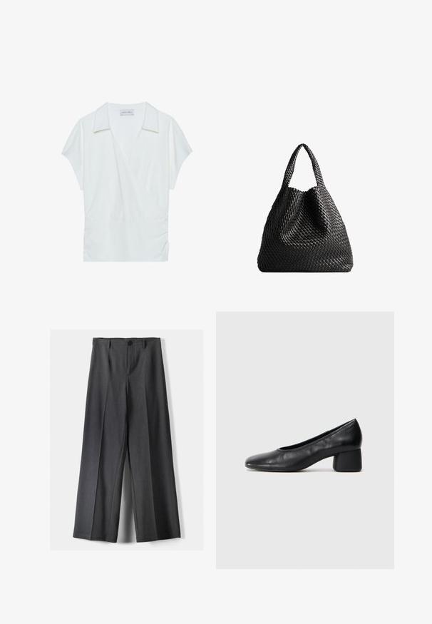 Geknipt zwart blazer met een geknoopte kraag, enkele knoopsluiting en wijde mouwen. Gemaakt van een gladde stof met ruwe randdetails.; Witte kraag wikkelblouse gemaakt van soepel stof, met korte mouwen en geplooide details bij de taille voor een relaxte pasvorm.; Wijde broek in donkergrijze stof, met een knoopsluiting, voorplooien en riemlussen. Gladde textuur met een op maat gemaakte uitstraling.; Zwarte leren pump met een ronde neus en een middenblokhak. Glad textuur met minimale details, voorzien van een subtiele elastische opening.; Zwarte geweven tote bag met twee handvatten. Zachte textuur, slungelige vorm en een grote, ronde vorm. Geen zichtbare hardware of accenten.
