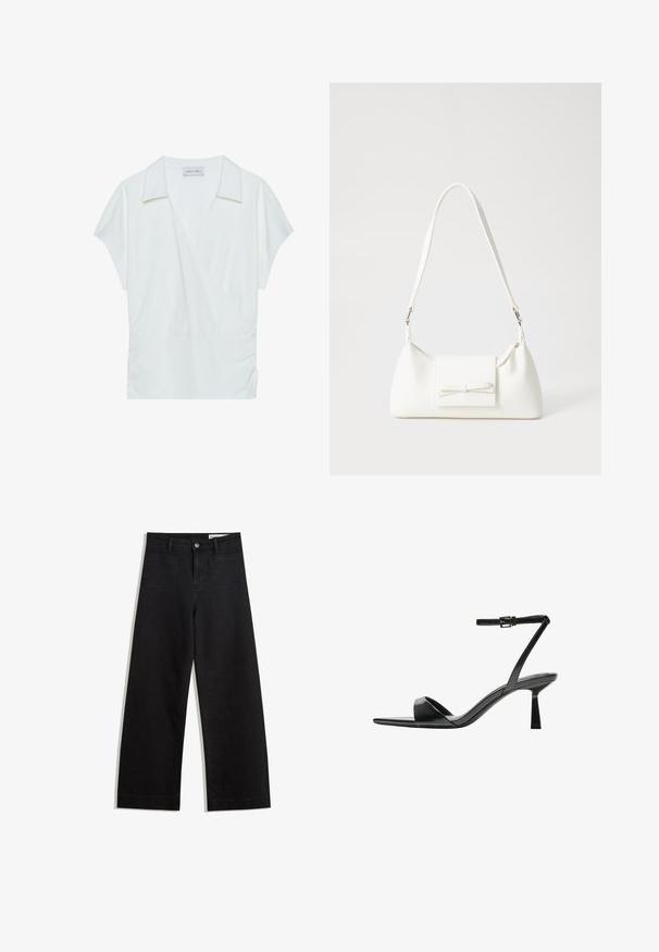 Lyhyt musta bleiseri, jossa on viistetty kaulus, yksittäinen nappilukitus ja leveät hihat. Valmistettu sileästä kankaasta, jossa on raakareunat.; Valkoinen kauluspaita, joka on valmistettu sileästä kankaasta. Siinä on lyhyet hihat ja kootut yksityiskohdat vyötäröllä, mikä luo rentoa istuvuutta.; Mustat leveät farkut korkealla vyötäröllä, joissa on etu- ja takataskut, ommellut saumat ja nappisuljenta. Silkinoinen rakenne.; Bershka Korolliset sandaalit - black; Valkoinen synteettinen käsilaukku, jossa on kolmikulmainen muoto, tasainen etu läppä ja nauhadetail, säädettävä olkahihna, sileä rakenne ja minimalinen muotoilu.