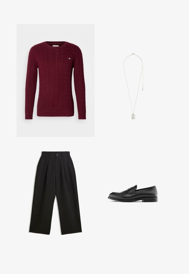 Mörkgrå, enkelknäppt herrblazer med vevslagskrage, två framfickor med lock, en bröstficka och svart innerfoder.; Burgundy kabelstickad tröja med rundad hals, långa ärmar och liten broderad logotyp på vänster bröst.; Svarta byxor med avslappnad passform, utrustade med veck fram, sidofickor och knappstängning. Tillverkade av strukturerad tyg.; Svarta läderpennyloafers med låg klack, rund tå och sydd detalj längs ovandelen, visad i sidoprofil mot en vit bakgrund.; Silvrig halsband med en rektangulär hängsmycke med intrikat mönster, en fin kedja och en justerbar låsning för längdjustering.
