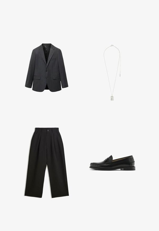 Mörkgrå, enkelknäppt herrblazer med vevslagskrage, två framfickor med lock, en bröstficka och svart innerfoder.; Svart långärmad henley-tröja gjord av mjukt tyg, med knappslå, rund halsringning och åtsittande ärmar.; Svarta byxor med avslappnad passform, utrustade med veck fram, sidofickor och knappstängning. Tillverkade av strukturerad tyg.; Svarta läderloafers med sömnadsdetaljer, rund tå och liten klack. Slät textur med minimalistisk design och slip-on stil.; Silvrig halsband med en rektangulär hängsmycke med intrikat mönster, en fin kedja och en justerbar låsning för längdjustering.