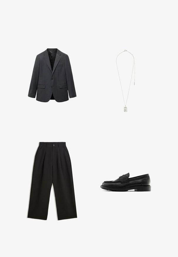 Dark gray single-breasted men's blazer with notch lapels, two front flap pockets, one chest pocket, and black inner lining.; Black long-sleeve henley shirt made of soft fabric, featuring a buttoned placket, round neckline, and fitted sleeves.; Black trousers with a relaxed fit, featuring pleats at the front, side pockets, and a button closure. Made from textured fabric.; Black leather loafers with a rounded toe, stitched detailing, and a flat rubber sole. Features a front strap design.; Silver necklace featuring a rectangular pendant with intricate design, a fine chain, and an adjustable clasp for length adjustment.