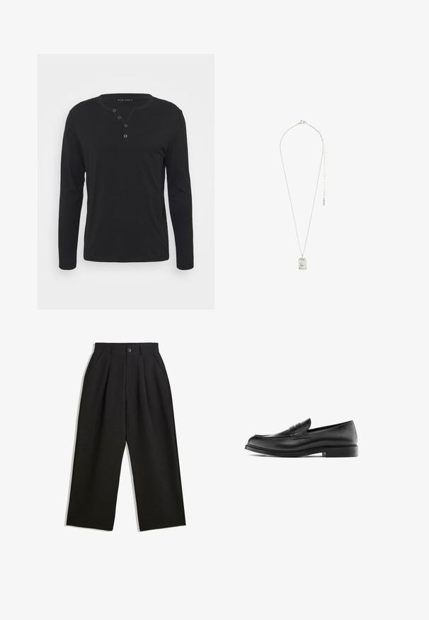 Donkergrijze enkelbreasted herenblazer met gelapte revers, twee voorste klepzakken, één borstzak en zwarte binnenvoering.; Zwart lange mouwen henley shirt van zachte stof, met een knoopsluiting, ronde halslijn en aansluitende mouwen.; Zwarte broeken met een relaxte pasvorm, voorzien van plooien aan de voorzijde, zijzakken en een knoopsluiting. Gemaakt van textiel met structuur.; Zwarte leren penny loafer met lage hak, ronde neus en gestikte details langs de bovenkant, weergegeven in zijprofiel op een witte achtergrond.; Zilveren ketting met een rechthoekige hanger met ingewikkeld ontwerp, een fijne ketting en een verstelbare sluiting voor lengteaanpassing.