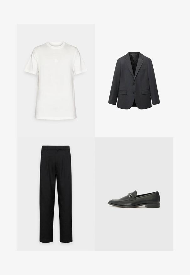 Czarnoszary, jednosządowy marynarka męska z klapami, dwoma przednimi kieszeniami z klapami, jedną kieszenią na piersi i czarną podszewką.; Biała bawełniana koszulka z okrągłym dekoltem. Posiada małe, wytłoczone logo w białym kolorze na piersi. Krótkie rękawy i prosty krój.; Czarne spodnie wykonane z gładkiego materiału, z prostą nogawką, dwoma fałdami z przodu oraz standardowym paskiem z wypustkami na pasek.; Czarne skórzane mokasyny o gładkim wykończeniu, z haftowanym wzorem i dekoracyjnym akcentem z metalowego łańcucha na wierzchu. Płaska pięta.