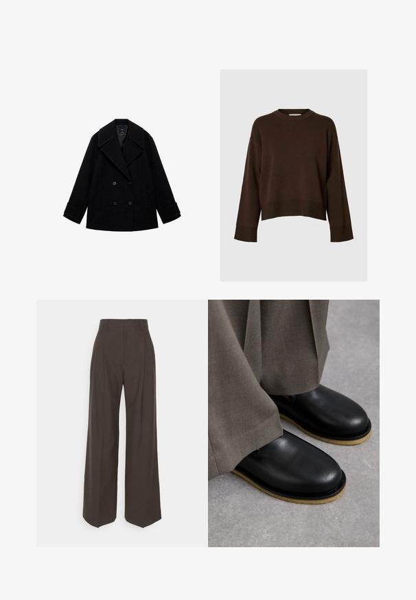 Crni vuni peacoat s dvostrukim kopčanjem, velikim reverima, ravnim krojem i dva prednja džepa. Mat površina bez vidljivih uzoraka.; Smeđi skraćeni pulover s dugim rukavima, rebrasti donji rub, klasični okrugli izrez, mekana tekstura i minimalistički dizajn.; Tamno smeđi hlače širokih nogavica s visokim strukom, s uredno peglanim naborima, glatkom teksturom i krojem koji dobro pristaje.; Crne kožne cipele s okruglim prstom, ravnim potplatom i kontrastnim svijetlosmeđim potplatom, uparene s labavim sivim hlačama.