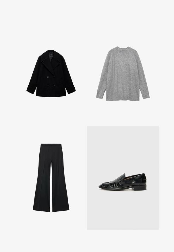 Musta villainen peacoat, jossa on kaksirivinen malli, suuret kaulukset, suora leikkaus ja kaksi etutaskua. Matta pinta, ilman näkyviä kuvioita.; Harso neulepaita pehmeästä materiaalista, jossa on klassinen pyöreä pääntie, pitkät hihat ja resorit hihansuissa sekä helmassa.; Mustat leveälahkeiset housut, joissa on sileä pinta, etupuolella laskokset ja muotolaskettu malli. Kangas on kevyttä ja laskeutuvaa.; Billi Bi Mokkasiinit - black