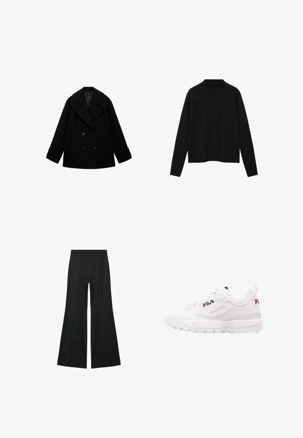 Black wool peacoat with a double-breasted design, large lapels, straight cut, and two front pockets. Matte finish with no visible patterns.; Black turtleneck sweater made of soft fabric, featuring long sleeves and a relaxed fit, with a clean, minimalistic design.; Black wide-leg pants with a smooth texture, featuring front pleats and a tailored design. The fabric is lightweight and flowy.; White athletic sneaker with a padded collar, mesh and synthetic leather upper, logo detail in red and navy, and a thick rubber sole.