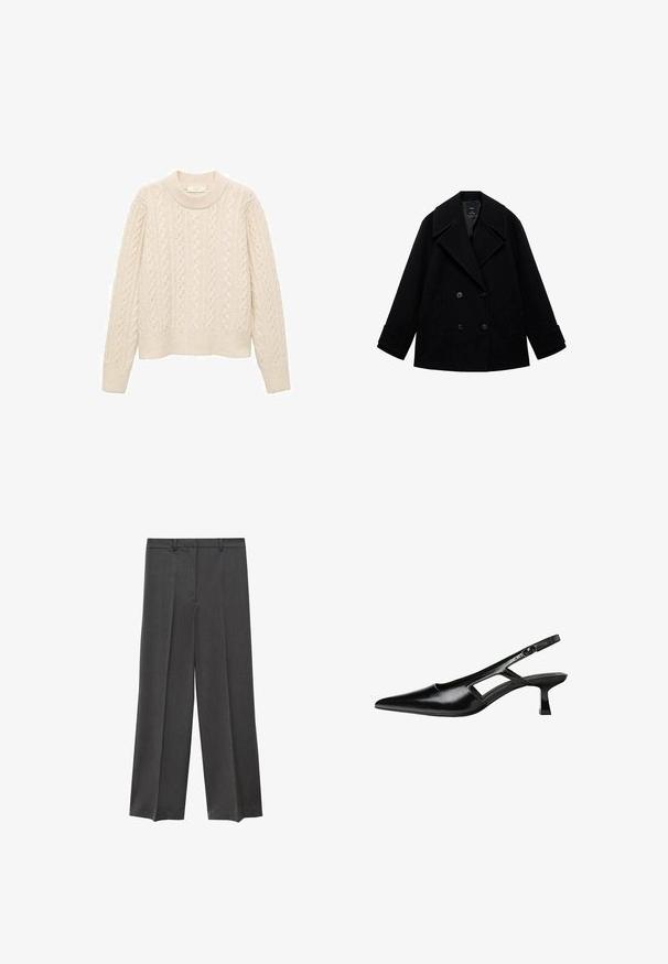Musta villainen peacoat, jossa on kaksirivinen malli, suuret kaulukset, suora leikkaus ja kaksi etutaskua. Matta pinta, ilman näkyviä kuvioita.; Kermanen kahdenneuleinen neulepaita, jossa on pyöreä pääntie, pitkät hihat ja joustinneuleinen helma. Valmistettu pehmeästä, teksturoidusta neulemateriaalista.; Harmaat leveät housut, joissa on sileä pinta, pleidatut etuosa ja vyölenkit. Valmistettu kevyestä kudotusta kankaasta.; Mustat lakatut nahkakengät, joissa on viistopää, leikattu sivusuunnassa ja pieni neliökoroke. Sujuva pinta, jossa on minimaalinen koristelu.