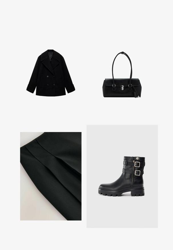 Manteau en laine noir de type peacoat avec un design à double boutonnage, grands revers, coupe droite et deux poches avant. Fini mat sans motifs visibles.; Haut noir asymétrique avec une bretelle, fabriqué en tissu lisse, présentant des détails drapés sur le côté pour une texture supplémentaire.; Jupe noire plissée, faite d'un tissu doux. Présente un design épuré et une surface texturée, mettant en valeur la structure et la forme.; Botte de cheville en cuir noir avec accents de double boucle, fermeture éclair, semelle épaisse et texture lisse. Possède un design robuste et élégant.; Sac à main en cuir noir avec une texture lisse, au design structuré, doté de deux poignées et d'un détail en métal argenté au centre.