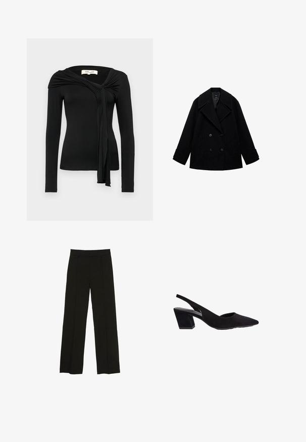 Czarny wełniany płaszcz typu peacoat z podwójnym zapięciem, dużymi klapami, prostym krojem i dwoma przednimi kieszeniami. Matowe wykończenie bez widocznych wzorów.; Diane von Furstenberg TWILA czarny; Czarne spodnie szerokie na nogawkach wykonane z gładkiego materiału, z dopasowanym paskiem w talii i subtelnymi fałdami z przodu, które dodają tekstury.; Czarne zamszowe szpilki z odkrytą piętą, o spiczastym nosku i średnim geometrycznym słupku. Gładka tekstura i minimalystyczny design.