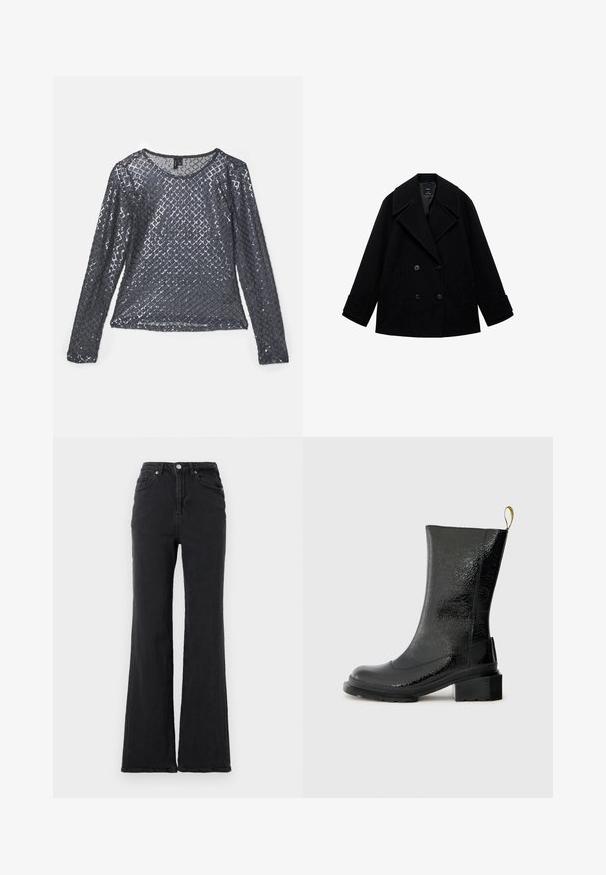 Sort uld peacoat med dobbeltbrystet design, store revers, lige snit og to foran lommer. Mat finish uden synlige mønstre.; Langærmet top i mørkegrå stof, dækket af diamanter-præget palietter, med rund halsudskæring og let, reflekterende tekstur.; Sorte højtaljede denimjeans med flagrende ben, frontknap og fem-lommet design mod en helt hvid baggrund.; Sort ankelstøvle lavet af skinnende, tekstureret materiale. Har en kraftig hæl og en trækflap bagpå for nem påtagning.