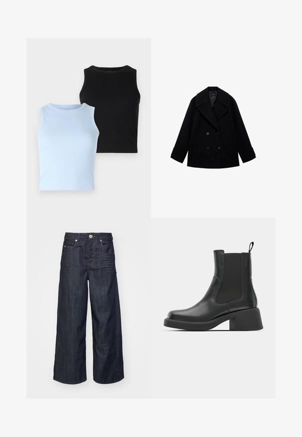 Black wool peacoat with a double-breasted design, large lapels, straight cut, and two front pockets. Matte finish with no visible patterns.; Two sleeveless tops: one light blue, one black. Both are ribbed fabric with a round neckline. The design is fitted, with no visible patterns or accents.; Dark blue wide-leg denim jeans with front button and zip closure, belt loops, and five-pocket styling on a white background.; Black leather ankle boots with elastic side panels, rounded toe, and a chunky block heel. Smooth texture with a minimalistic design.