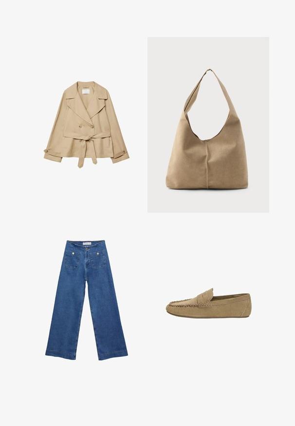 Beige-Trenchcoat mit doppelter Knopfleiste, breiten Revers und tailliertem Gürtel. Mit zwei Seitentaschen und Knopfdetails an den Manschetten.; Beige Cropped-Pullover aus weichem Strickmaterial. Er hat einen runden Ausschnitt, lange Ärmel sowie gerippte Bündchen und Saum für zusätzliche Textur.; Denim-Hosen im weiten Schnitt mit einer mittleren blauen Waschung, zwei Vordertaschen mit Knopfverschluss und genähten Details entlang der Säume.; Hellbraune Wildleder-Herrenlober mit genähter Mokassin-Spitze und Penny-Riemen, flache Gummisohle, seitliches Profil auf weißem Hintergrund.; Hobo-Tasche aus weichem beigen Wildleder mit einer lässigen Form, breitem Schulterriemen und einer handgestickten Nahtdetail entlang der Vorderseite.