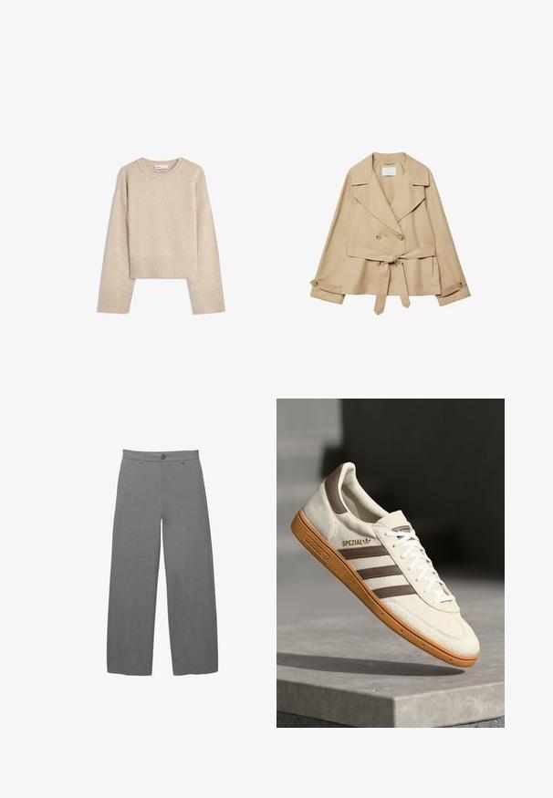 Impermeable beige avec un devant croisé, de larges revers et une taille ceinturée. Il dispose de deux poches latérales et de détails en boutons sur les poignets.; Pull en beige court en tricot doux. Présente un col rond, des manches longues et des bords-côtes aux poignets et à l'ourlet pour une texture supplémentaire.; Pantalon gris clair à jambes larges avec un tissu texturé et lisse, doté d'une fermeture à boutons à l'avant et de passants pour ceinture à la taille.; Baskets en suède blanc avec des accents en cuir marron, trois rayures marron et lacets blancs. Présente une semelle en gomme texturée et un logo doré "SPEZIAL".