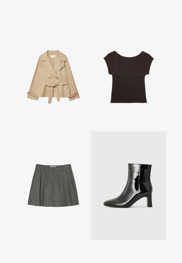 Beżowy trencz z podwójnym zapięciem, szerokimi klapami i paskiem w talii. Posiada dwie boczne kieszenie oraz guziki przy mankietach.; Ciemnobrązowa krótka bluzka z szerokim, okrągłym dekoltem. Wykonana z miękkiego, gładkiego materiału z dopasowanym krojem. Brak widocznych wzorów lub ozdób.; Szara plisowana spódnica wykonana z teksturowanej tkaniny z pionowymi prążkami. Posiada gładki pas w talii oraz dwie przednie szlufki na pasek.; Czarne lakierowane botki za kostkę z wysmukłym noskiem i średniej wysokości obcasem w kształcie słupka. Gładka tekstura i minimalistyczny design.