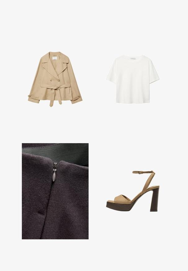 Beige-Trenchcoat mit doppelter Knopfleiste, breiten Revers und tailliertem Gürtel. Mit zwei Seitentaschen und Knopfdetails an den Manschetten.; Weißes T-Shirt mit kurzen Ärmeln aus Baumwolle. Hat einen Rundhalsausschnitt und eine lockere Passform. Glatte Textur ohne sichtbare Muster oder Akzente.; Reißverschlussdetail auf einem dunkelgrauen Stoff, der eine glatte Textur aufweist, mit einem metallischen Reißverschluss-Zipper und einem grünen Webband darüber.; Beige Wildleder-Pumps mit hohem Absatz, breitem Vorderband und Knöchelriemen, ausgestattet mit einem klobigen Holzblockabsatz mit strukturiertem Finish.