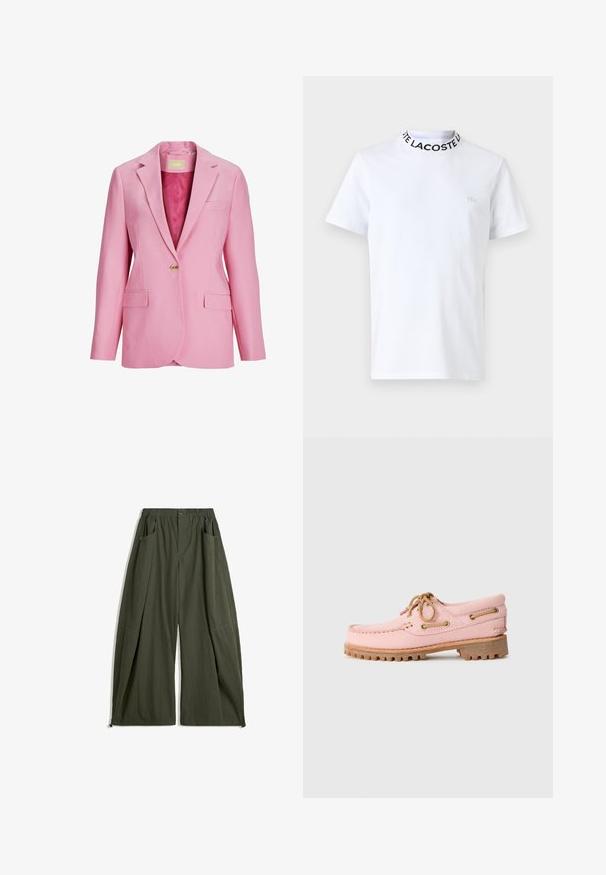 Pink blazer med skarp krave, enkelt guldknap lukning, to forlommer og en glat tekstur. Forede inderside med en kontrastfarve.; Hvid T-shirt lavet af bomuld, med en rund sort krave med "LACOSTE" tekst og et lille broderet logo på brystet. Korte ærmer.; Vidde ben bukser i olivengrøn stof med elastisk talje, to sidelommer og en struktureret overflade.; Lyserød læder bådsko med brune snørebånd, metaløjer og en kraftig brun gummisul, vist i profil på en hvid baggrund.