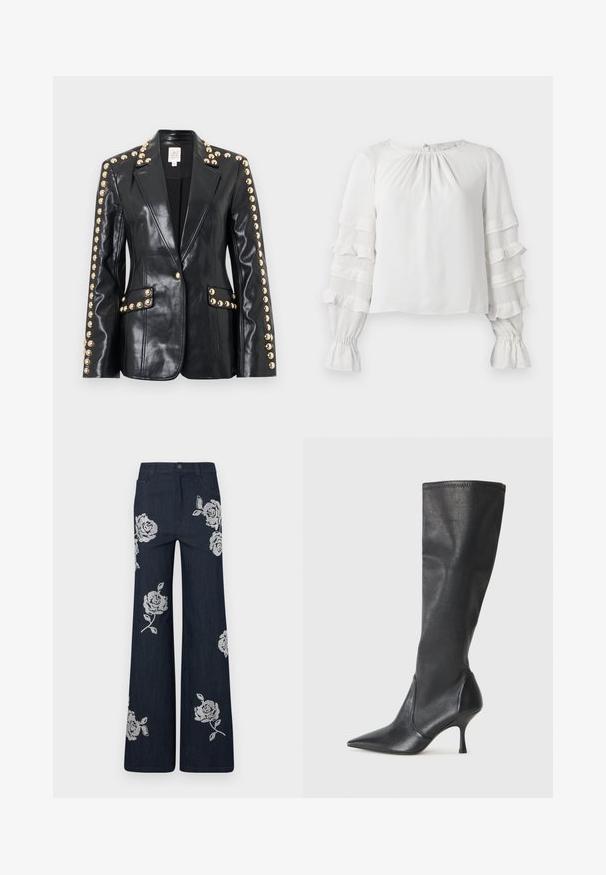 Black leather blazer with gold studs along the shoulders and pockets, featuring a pointed collar and a tailored fit. Smooth texture.; White long-sleeve blouse with ruffled tiered sleeves, gathered cuffs, and slight gathering at the round neckline.; Wide-leg denim pants in dark blue with white embroidered rose patterns. Features a button closure and traditional pocket design.; Knee-high black leather boots with a pointed toe and a slim stiletto heel. Smooth texture with a fitted design and stitching at the top edge.