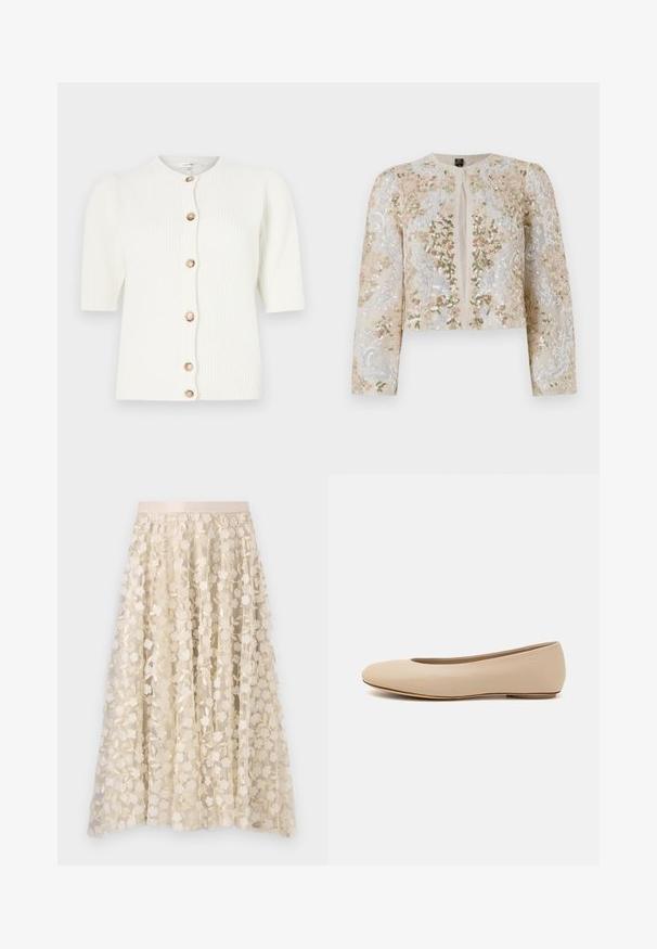Broderet cropped jakke i beige med blomstermotiv i pink, grøn og blå. Har lange ærmer og rund halsudskæring.; Hvid ribbet strikket cardigan med korte ærmer og rund halsudskæring, lukkes med seks cremefarvede knapper foran.; Beige bluse med blomsterbroderi, gennemsigtige puffærmer, rund halsudskæring og lynlåslukning i ryggen. Struktureret blomsterdesign på forpanelet.; Blomsterbroderi på en gennemsigtig, cremefarvet nederdel med satinliv. Designet har små, delikate blomster og blade.; Beige læder balletflade med afrundet tå, minimal sømdetaljering, lav hæl og subtilt logo på bagsiden. Glat, mat tekstur.