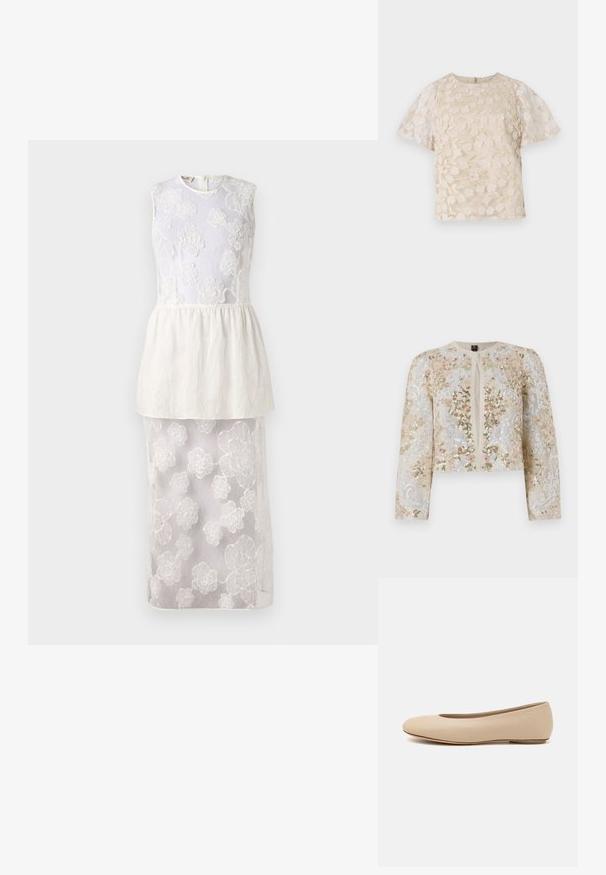 Beige värviga tikandiga lühike jak, millel on roosa, rohelise ja sinise lillemustrid. Omab pikki varrukaid ja ümmargust kaelust.; Valge kleit, millel on ilma varrukateta ülemine osa, lilleline tikand, mitmete kihtidega peplumi vöökoht ning läbipaistev alumine seelik, millel on lillemustrid.; Beez pluus lilleline tikand, läbipaistvad puffvarrukad, ümmargune kaelus ja tagumine lukuga sulgemine. Tekstureeritud lillemustriga esitahvel.; Beeži nahk balletitossud ümarate varvastega, minimaalse õmbluse detailiga, madala kanna ja diskreetse logoga taga. Sile, mati tekstuur.