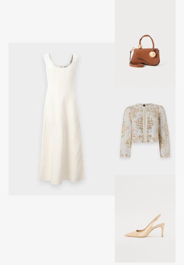 Giacca cropped ricamata in beige con motivi floreali in rosa, verde e blu. Presenta maniche lunghe e scollo rotondo.; Abito bianco senza maniche con scollatura a barchetta, corpino aderente e gonna fluida. Presenta cuciture verticali e una cerniera nascosta sul retro.; Sandalo con tacco a spillo in pelle verniciata nudo, con punta affilata, vamp aperto e sottile tacco a stiletto. Presenta un accentuazione circolare in oro sulla fascia.; Borsa a mano in pelle marrone con un design ondulato, caratterizzata da due dettagli circolari dorati e una tracolla removibile per un trasporto versatile.
