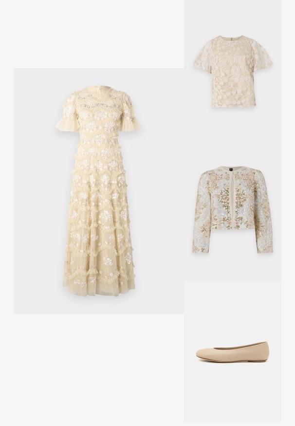 Izšūta īsā jakas stila virsjaka bēšā krāsā ar ziedu motīviem rozā, zaļā un zilā krāsā. Iespējami gari piedurknes un apaļa kakla izgriezums.; Izšūta kleita bālajā dzeltenajā krāsā ar plandošām piedurknēm. Iespējas ziedu raksti, viļņotas kārtas un apaļa kakla izgriezums. Rāvējslēdzējs aizmugurē.; Bežīga blūze ar ziedu izšuvumu, caurspīdīgām pūkainām piedurknēm, apaļu dekoltē un aizmugurē esošu rāvējslēdzēju. Strukturēts ziedu raksts uz priekšējā paneļa.; Bežs ādas deju zābaciņš ar noapaļu purngalu, minimālu šuvju detaļām, zemu papēdi un diskrētu logotipu aizmugurē. Gluda, matēta tekstūra.