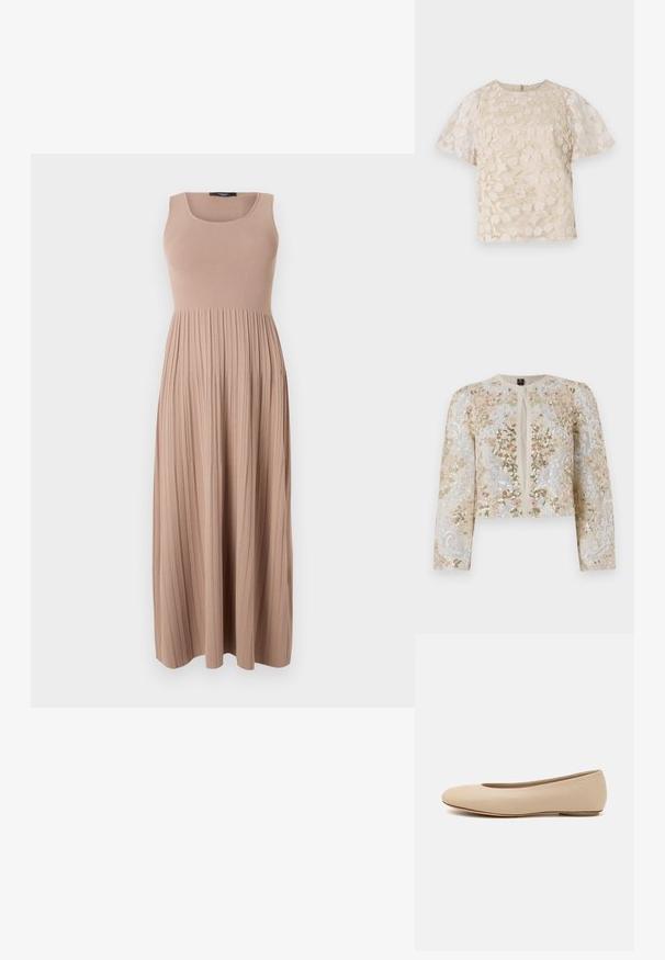 Beige siuvinėtas trumpas švarkas su rožinėmis, žaliomis ir mėlynomis gėlėmis. Turi ilgas rankoves ir apvalų iškirpimą.; Ilgas suknelė iš minkštos raukšlėtos medžiagos, smėlio spalvos. Turi prigludusią liemenę su apvaliu iškirpimu ir tekantį, raukšlėtą sijoną. Paprastas dizainas.; Bežinė blusa su gėlėmis siuvinėjimu, permatomos pūstinės rankovės, apvali iškirptė ir užtrauktuko uždarymas nugaros pusėje. Tekstūruotas gėlių raštas priekinėje pusėje.; Šviesiai ruda odinė baleto bateliai su apvaliu galiuku, minimaliais siūlių detalėmis, žemu kulnu ir subtiliu logotipu gale. Lygi, matinė tekstūra.