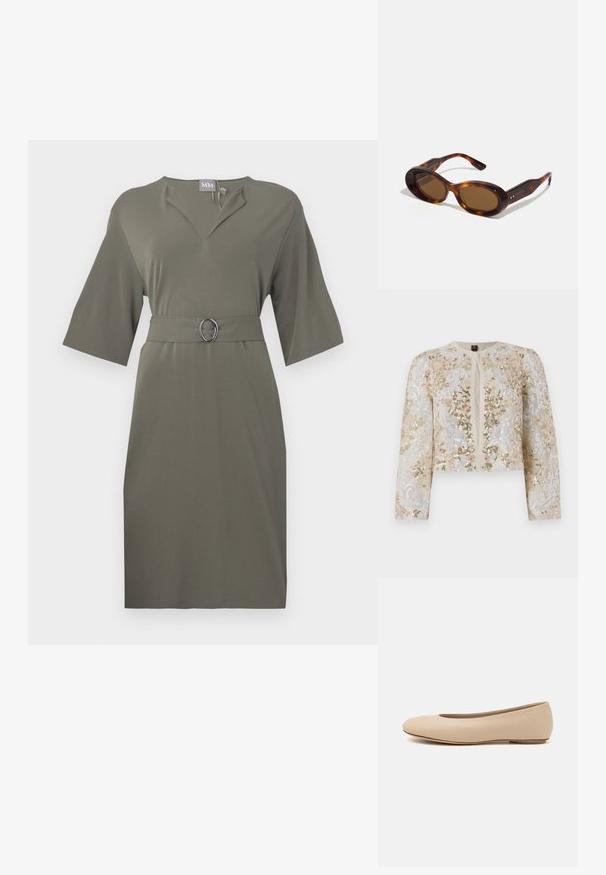 Beżowa haftowana kurtka o kroju crop z kwiatowymi motywami w kolorze różowym, zielonym i niebieskim. Posiada długie rękawy i okrągły dekolt.; Sukienka z krótkim rękawem, do kolan, w kolorze oliwkowym, wykonana z gładkiego materiału. Posiada dekolt w kształcie litery V oraz dopasowany pasek z owalną srebrną klamrą.; Beżowe skórzane baleriny z zaokrąglonym noskiem, minimalnymi szwami, niskim obcasem oraz subtelnym logo z tyłu. Gładka, matowa tekstura.; Okulary przeciwsłoneczne w stylu żółwi, z owalnymi soczewkami, brązowym odcieniem i złotymi akcentami na ramionach. Grube oprawki o błyszczącej powierzchni i gładkiej fakturze.