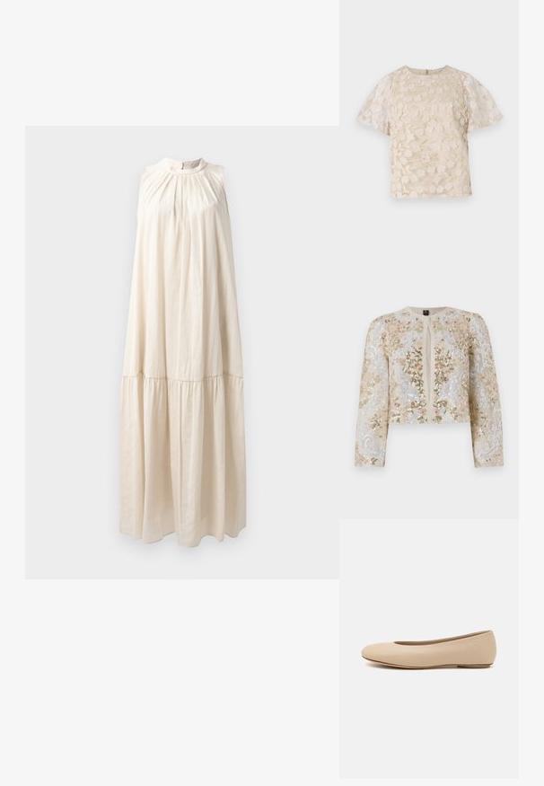 Veste courte brodée en beige avec des motifs floraux en rose, vert et bleu. Comprend des manches longues et un col rond.; Robe longue sans manches de couleur beige clair, avec un col montant, un buste froncé et une jupe à volants en tissu doux et lisse.; Blouse beige avec broderie florale, manches bouffantes transparentes, encolure ronde et fermeture éclair au dos. Motif floral texturé sur le panneau avant.; Ballerines en cuir beige avec un bout arrondi, un minimum de coutures, un petit talon et un logo subtil à l'arrière. Texture lisse et mate.
