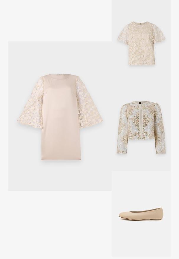 Chaqueta corta bordada en beige con motivos florales en rosa, verde y azul. Presenta mangas largas y un cuello redondo.; Vestido beige con silueta recta, que presenta mangas de tul bordadas con flores en color crema claro. El material es suave y ligero.; Blusa beige con bordado floral, mangas globo translúcidas, cuello redondo y cierre de cremallera en la parte posterior. Patrón floral texturizado en el panel frontal.; Bailarina de cuero beige con punta redondeada, detalles de costura mínimos, tacón bajo y un sutil logo en la parte trasera. Textura suave y mate.