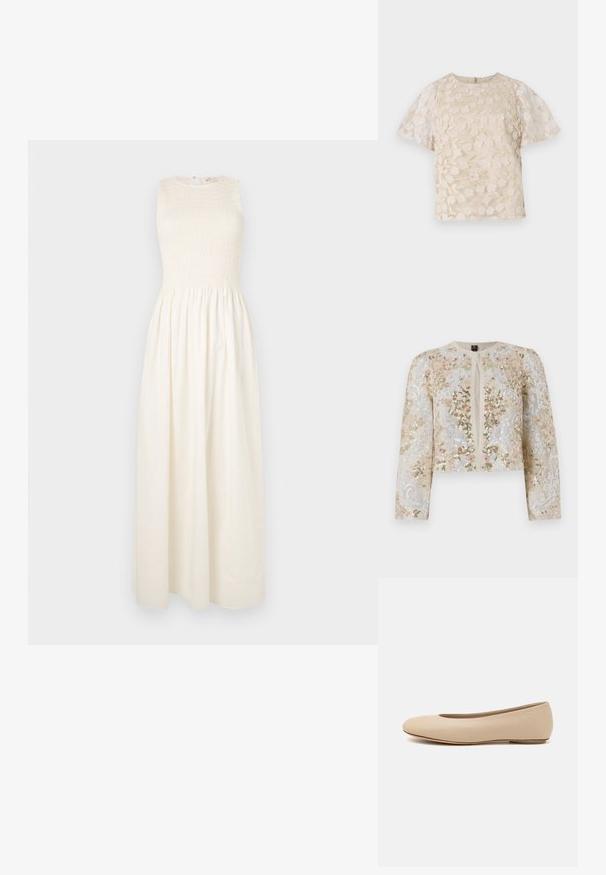 Beige siuvinėtas trumpas švarkas su rožinėmis, žaliomis ir mėlynomis gėlėmis. Turi ilgas rankoves ir apvalų iškirpimą.; Ilga beRankovių kreminės spalvos suknelė su raukšlėta liemenėle ir laisvai krentančia sijona. Savyje turi apvalią iškirptę ir raktų skylutės tipo užsegimą gale.; Bežinė blusa su gėlėmis siuvinėjimu, permatomos pūstinės rankovės, apvali iškirptė ir užtrauktuko uždarymas nugaros pusėje. Tekstūruotas gėlių raštas priekinėje pusėje.; Šviesiai ruda odinė baleto bateliai su apvaliu galiuku, minimaliais siūlių detalėmis, žemu kulnu ir subtiliu logotipu gale. Lygi, matinė tekstūra.