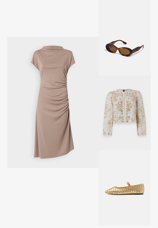 Bestickte, taillierte Jacke in Beige mit blühenden Motiven in Pink, Grün und Blau. Verfügt über lange Ärmel und einen runden Ausschnitt.; Braunes Kurzarmkleid aus weichem Stoff, mit einem Cowl-Ausschnitt und gerafften Details an der Seite für eine figurbetonte Silhouette.; Loeffler Randall LEONIE SOFT BALLET FLAT - Riemchenballerina - gold; Schildpatt-Sonnenbrille mit ovalen Gläsern, braunem Farbton und goldenen Akzenten an den Bügeln. Dicke Rahmen mit glänzender Oberfläche und glatter Textur.