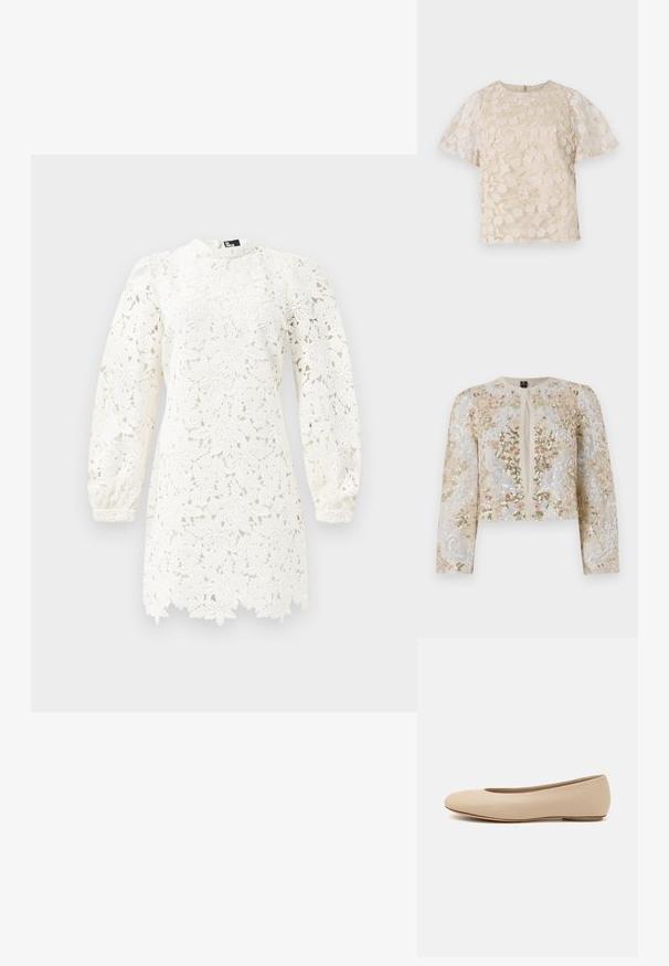 Chaqueta corta bordada en beige con motivos florales en rosa, verde y azul. Presenta mangas largas y un cuello redondo.; Vestido de encaje blanco con patrones florales, mangas largas abullonadas, escote alto y un dobladillo ondulado para un detalle añadido.; Blusa beige con bordado floral, mangas globo translúcidas, cuello redondo y cierre de cremallera en la parte posterior. Patrón floral texturizado en el panel frontal.; Bailarina de cuero beige con punta redondeada, detalles de costura mínimos, tacón bajo y un sutil logo en la parte trasera. Textura suave y mate.