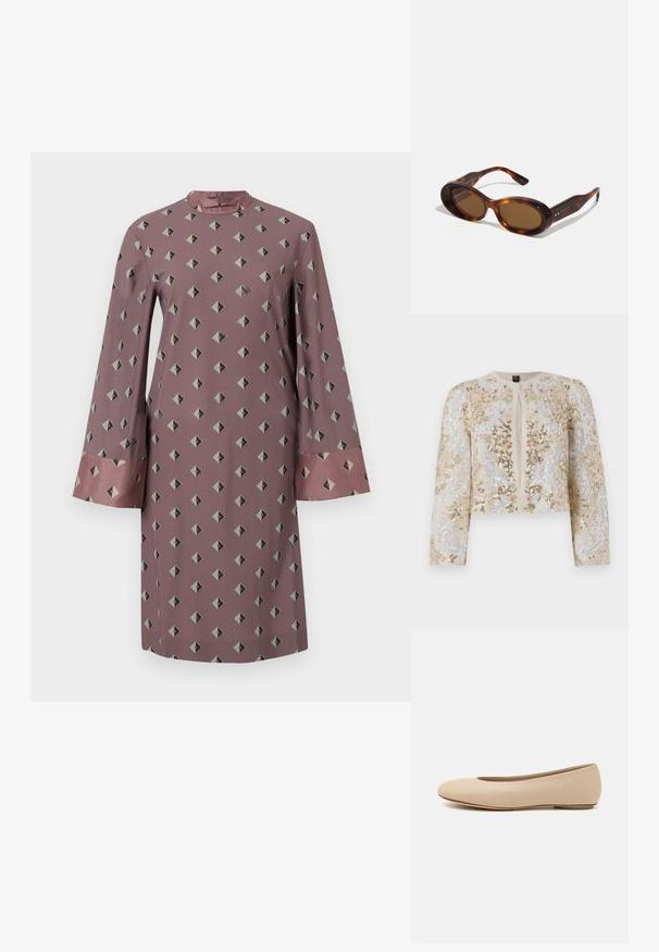 Embroidered cropped jacket in beige with floral motifs in pink, green, and blue. Features long sleeves and a round neckline.; Long-sleeve dress in dusty rose fabric featuring a geometric diamond pattern in dark gray and black, with contrasting satin cuffs.; Beige leather ballet flat with rounded toe, minimal seam detailing, low heel, and subtle logo on the back. Smooth, matte texture.; Tortoiseshell sunglasses with oval lenses, brown tint, and gold accents on the arms. Thick frames with a glossy finish and smooth texture.